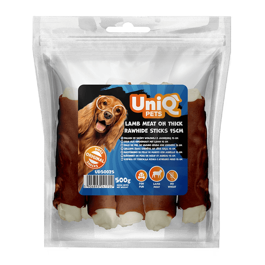 UNIQ PETS grickalice za pse, 500 g, jagnjeće meso na debelim štapićima od sirove kože 15cm