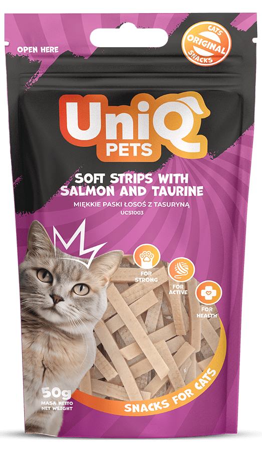 UNIQ PETS grickalice za mačke, 50g, mekane trakice sa lososom i taurinom