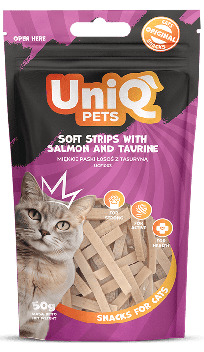 UNIQ PETS grickalice za mačke, 50g, mekane trakice sa lososom i taurinom